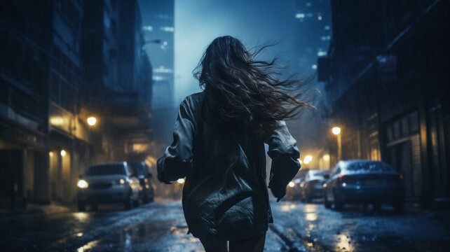 Scared woman runs down dark city street at night alone, adult girl escapes in rain, back view. Female person like in thriller or horror movie. Concept of terror