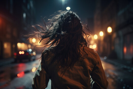 Young woman runs away along night street, lonely adult girl escapes in dark city, back view. Female person like in thriller or horror movie.