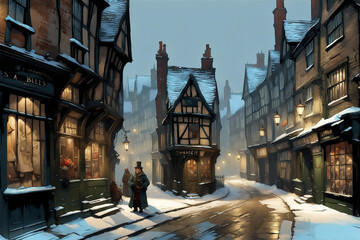 winter scene with a traditional old-fashioned english town street with snow covered medieval buildings with illuminated windows at twilight - obrazy, fototapety, plakaty