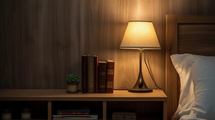 Bedside lamp on a wooden shelf, mood light in the bedroom and room with a book in the background