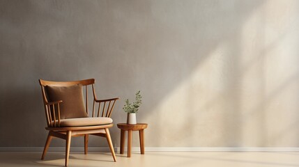 Wooden chair against the background of a concrete wall, stylish wooden furniture