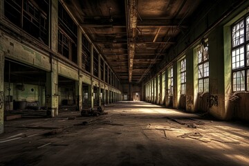 Dim, deserted factory interior. Generative AI - obrazy, fototapety, plakaty