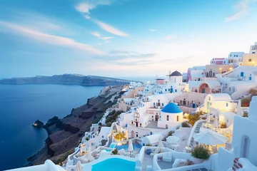 Foto op Canvas Sunset Serenity: Santorini's Iconic Blue Domes Overlooking the Aegean © PHOTOVERTICE