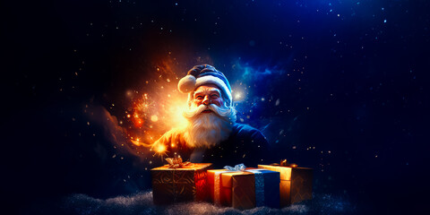 illustration of Santa Claus or Saint Nicholas with magic gift boxes. Christmas time. Fairytale