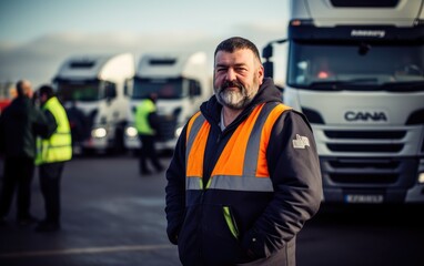 Handsome fat male lorry driver in front of lorries parking