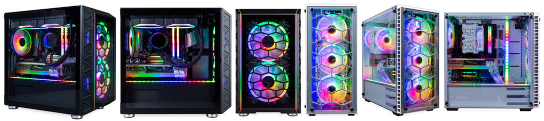 set collection of black and white  custom gaming pc computer with glass windows and colorful bright rgb rainbow led lighting isolated white background