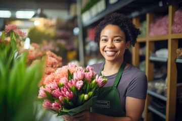 Smiling black african american woman picking flowers in her flower shop