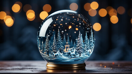 Snow globe with trees on winter snowfall background. generative ai