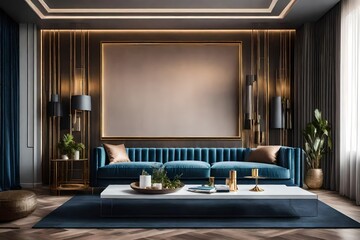 Blue sofa against concrete wall. Scandinavian loft home interior design
