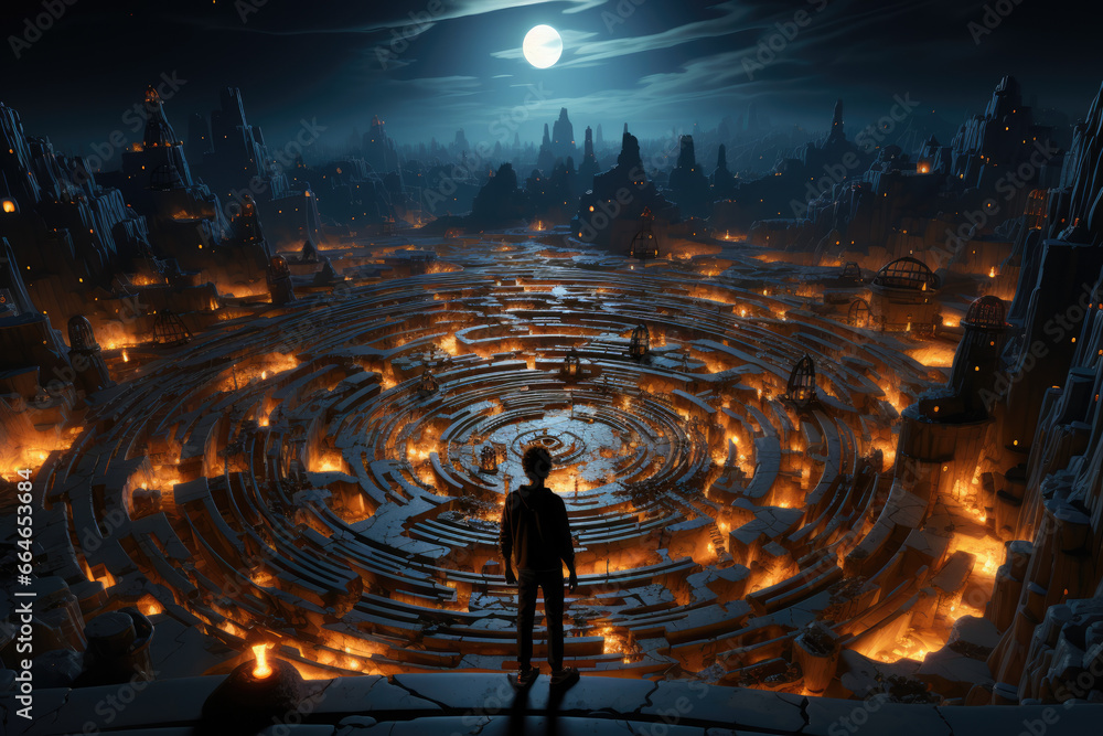Poster a person navigating a maze of quantum uncertainty, symbolizing the complexity of the human mind. gen
