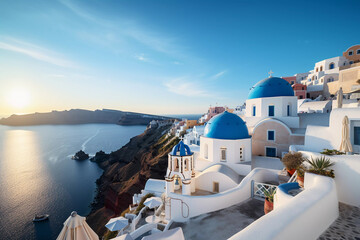 Sunset Serenity: Santorini's Iconic Blue Domes Overlooking the Aegean - obrazy, fototapety, plakaty
