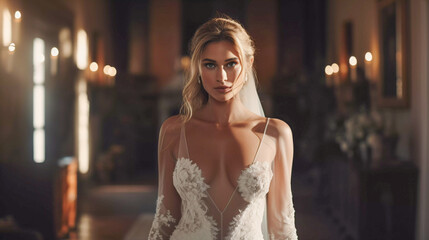 Naklejka premium Elegant Bride in Vintage Room with Soft Ambient Lighting