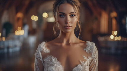 Naklejka premium woman Enchanting Beauty in Candlelit Ballroom with Lace Gown