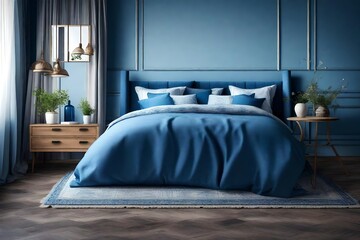 Blue pillows on bed. French country interior design
