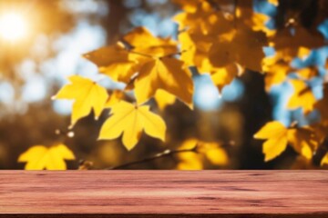Naklejka na ściany i meble colored fall leaves and wooden board, natural background, AI generated image