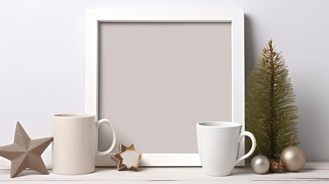 Christmas still life. Blank wooden picture frame mockup. Cup of coffee, pine tree. generative ai