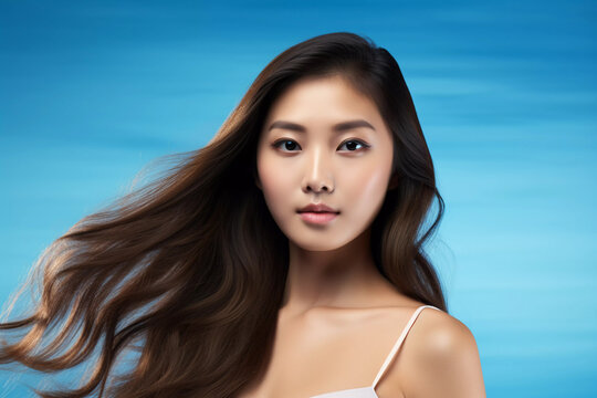 Elegant Asian Woman, Silky Hair on Blue Background. beauty products, shampoo and cosmetics