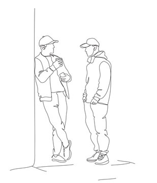 2 men talking. Man holding a coffee, smart phone and leaning against the wall. Wearing casual clothes and caps. Single line drawing. Black and white vector illustration in line art style.