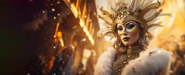 A woman in a mask and carnival outfit. Gold. Background. Wallpaper. Banner. Generated AI. Photoshop...