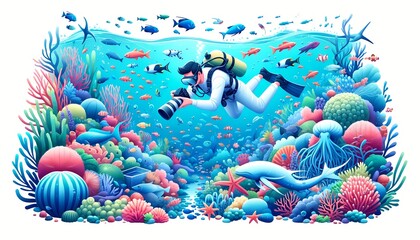 Marine Biologists Researching Vibrant Marine Life Underwater - obrazy, fototapety, plakaty