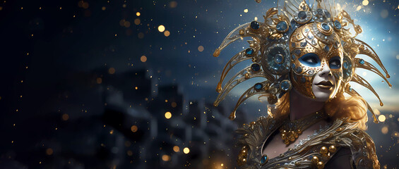 Carnival. A woman in a mask and carnival outfit. Gold. Background. Wallpaper. Banner. Generated AI....