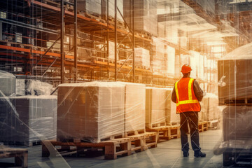 Warehouse worker stands in the middle of factory with several pallets in front of him