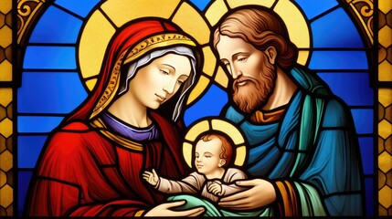 Fototapeta na wymiar stained glass window of the virgin mary, joseph and the baby jesus