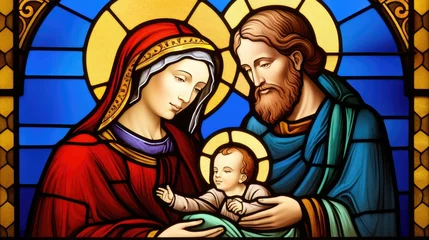 Crédence de cuisine en verre imprimé Coloré stained glass window of the virgin mary, joseph and the baby jesus