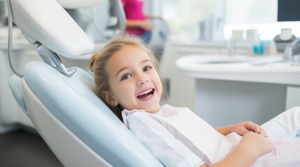 close-up of smiling girl kid at the dentist looking to a camera