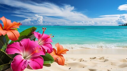 the vibrant colors of exotic flowers against the backdrop of a pristine white-sand beach, where turquoise waters meet the horizon. - obrazy, fototapety, plakaty