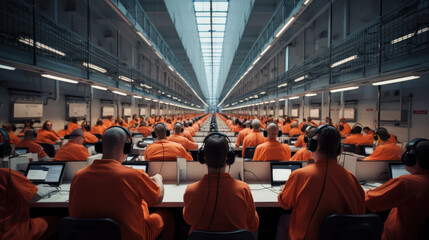 Criminal scam call center in a prison with prisoners. Work for prisoners serving sentences in isolation from society - obrazy, fototapety, plakaty