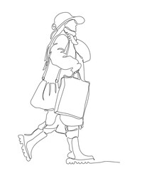 Woman walking and hoding shopping bag. Wearing hat and warm coat. Continuous line drawing. Black and white vector illustration in line art style.