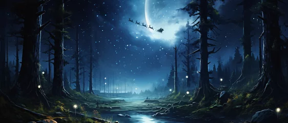 Fotobehang beautiful landscape of a forest with the full moon and santa claus flying on his sleigh on christmas night © Jess rodriguez