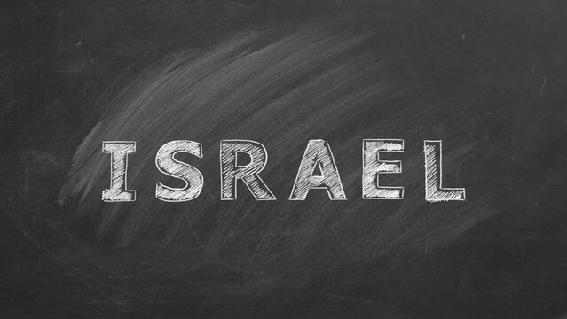Lettering Israel drawn with chalk on a blackboard. Hand drawn animation.