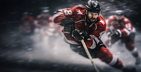 A dynamic portrait of a hockey player in a colorful background riding through sheets of ice in a dark scenery