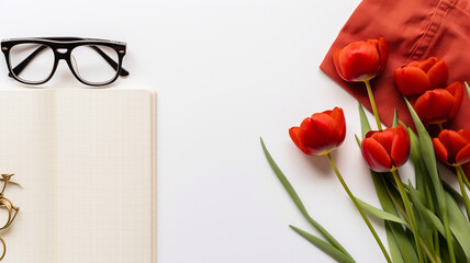 notebook, headphones and red tulips on a white background