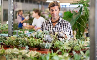 Fototapeta premium Male seller holding cactus pots in his hand in flower shop