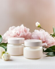 Fototapeta na wymiar A collection of blank white cosmetic jars near blooming peonies
