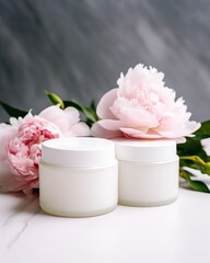 A collection of blank white cosmetic jars near blooming peonies