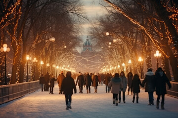 people in the city at dusk, city lights illuminated, winter