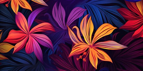 Tropical flowers Mid-Century abstract and artistic palm leaves on background