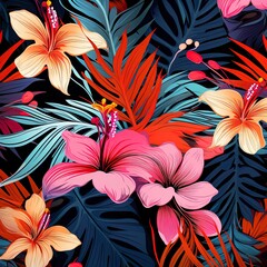 Tropical flowers Mid-Century abstract and artistic palm leaves on background