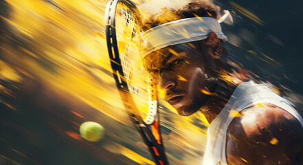 Close portrait of a tennis player in a colorful dynamic background