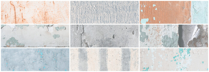 Fototapeta na wymiar Set of panoramic background textures. Collection of wide textures with peeling paint, cracks, rust, stone and concrete walls. Faded rough surfaces of old walls. Bundle of light backgrounds for design.