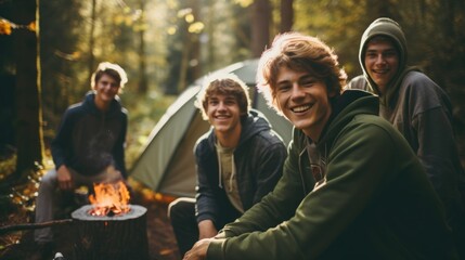 Young people camping in nature - obrazy, fototapety, plakaty
