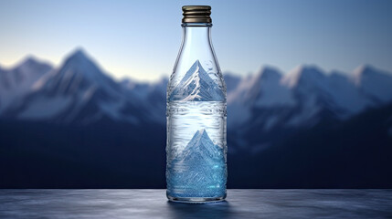 Glass bottle with pure mineral water on the background of blurred mountain ridges - obrazy, fototapety, plakaty