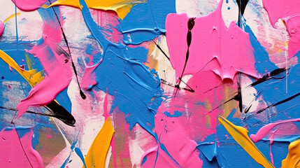 Abstract creativity with pink and blue brushstrokes and smudges of oil paint on canvas