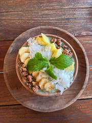 smoothie bowl, a light breakfast in a wooden bowl, fruits
