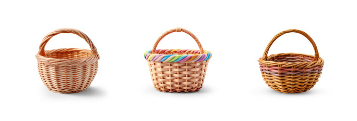 set of straw wicker classic retro basket for home bread and food or decoration and picnic concepts, empty colorful stylish basket set with isolated transparent png background - obrazy, fototapety, plakaty