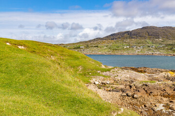 Obraz premium Beach with grass, rocks and mountain in background